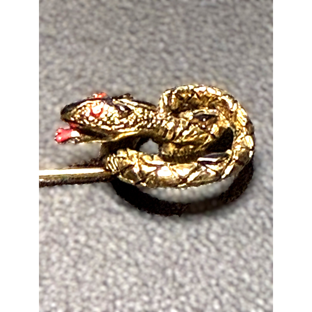 Vintage Signed ART Gold Tone Rhinestone Snake Serpent Brooch Hat Pin Cabochon - Picture 3 of 8